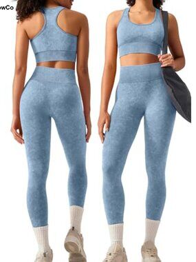 2 Piece Workout Set with High Waist Leggings and Padded Racerback Sports Bra